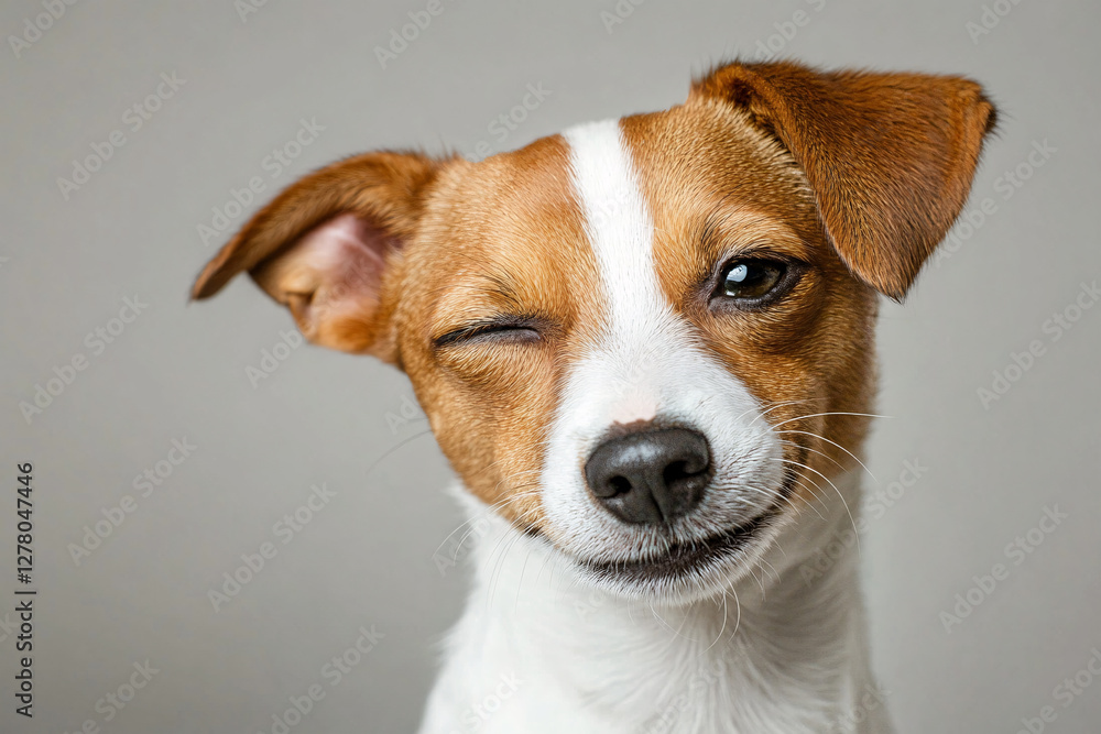 Face of dog winking with one eye on gray background Face of dog winking with one eye on gray background