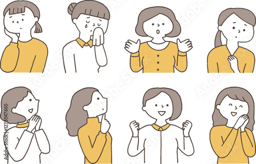 色々な表情の若い女性セット単色