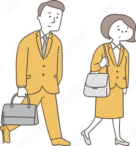 とぼとぼと歩く会社員の男女単色