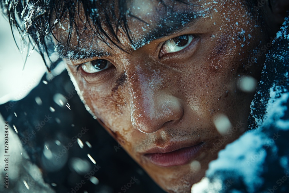Intense portrait of a man amidst falling snow in a rugged mountain environment during a challenging winter expedition Intense portrait of a man amidst falling snow in a rugged mountain environment during a challenging winter expedition