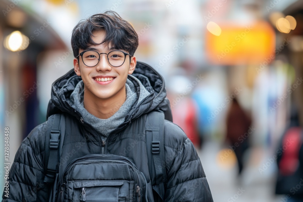 Young man smiles while walking through a vibrant urban street in winter, showcasing a casual style and warm personality Young man smiles while walking through a vibrant urban street in winter, showcasing a casual style and warm personality