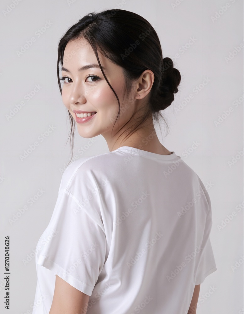 Smiling woman wearing a plain white t-shirt with her hair styled in a low bun, posing gracefully against a neutral background. Smiling woman wearing a plain white t-shirt with her hair styled in a low bun, posing gracefully against a neutral background.