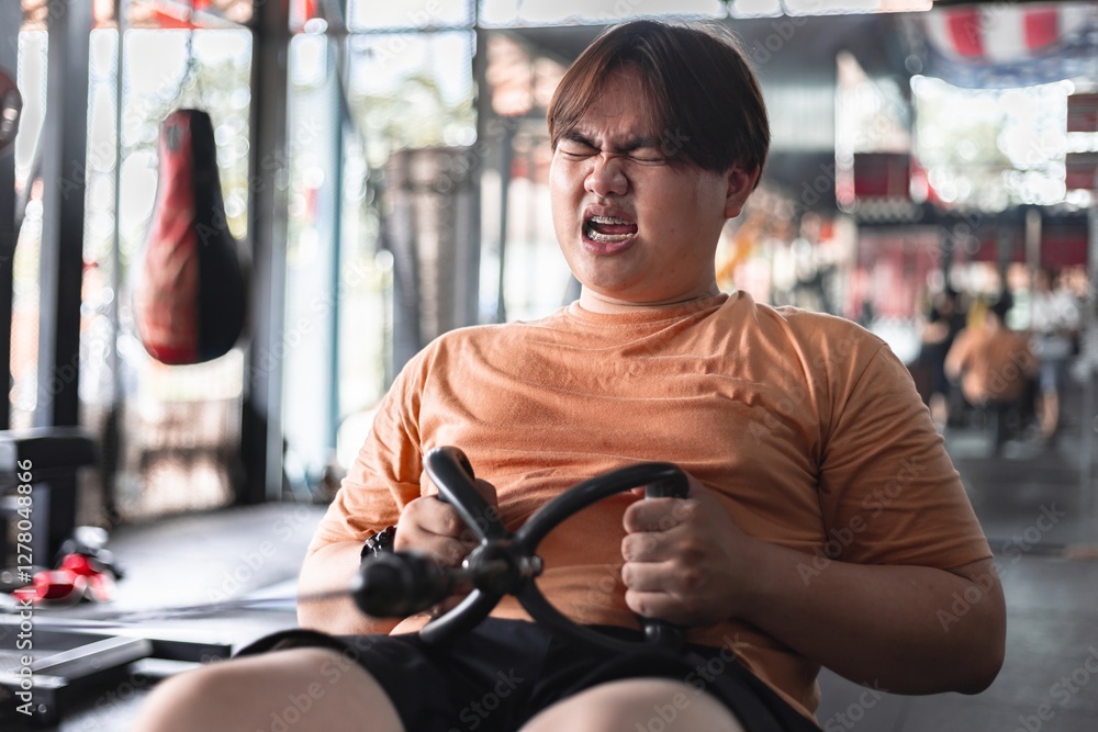 Fototapeta premium Overweight man struggles to exercise gym setting personal challenge tired and exhausted