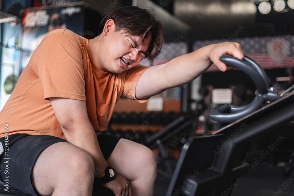 Tired overweight man struggles with exercise at gym exhausted in fitness environment Tired overweight man struggles with exercise at gym exhausted in fitness environment