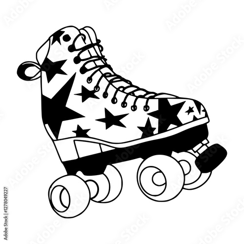a black and white drawing of a fashionable retro roller skate with stars