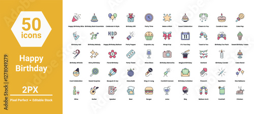 party icons set such as, 	balloon, birthday, bottle, bunting, cake, candles, caps, celebrating, celebration, champagne, christmas, cocktail, dessert, drink, fireworks, gift,  vector stock illustration