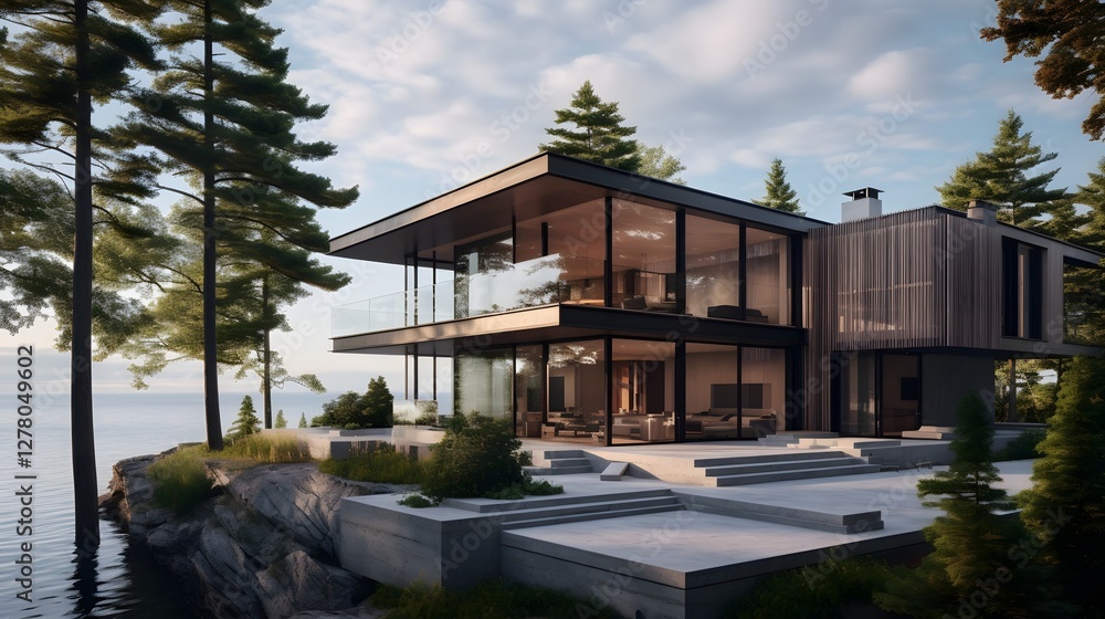 Naklejka premium Luxurious and contemporary minimalist style waterfront home featuring floor to ceiling glass windows providing ample natural light and serene views of the surrounding landscape and water