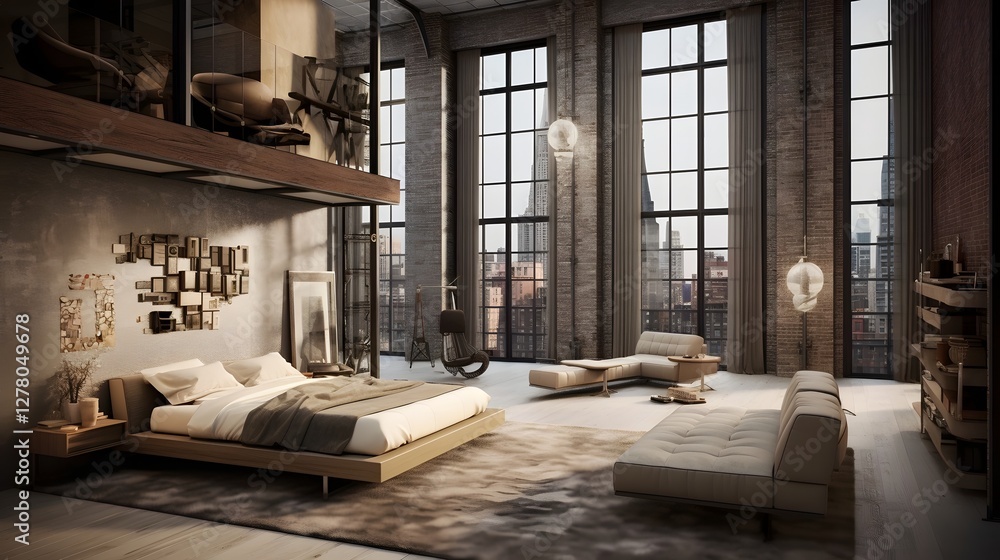 Sleek and Minimal Urban Loft with Elegant Design and High Ceilings Showcasing a Sophisticated and Comfortable Living Space with Thoughtful Furniture Arrangement and Cozy Ambiance Sleek and Minimal Urban Loft with Elegant Design and High Ceilings Showcasing a Sophisticated and Comfortable Living Space with Thoughtful Furniture Arrangement and Cozy Ambiance
