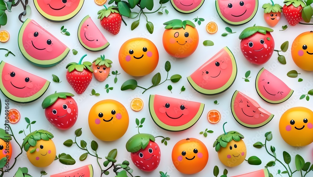 Cheerful Cartoon Fruits Pattern with Smiley Faces on White Background, Playful Flat Lay Composition for Kids Fabric Design, Cute Spring Theme for Children's Wallpaper Cheerful Cartoon Fruits Pattern with Smiley Faces on White Background, Playful Flat Lay Composition for Kids Fabric Design, Cute Spring Theme for Children's Wallpaper
