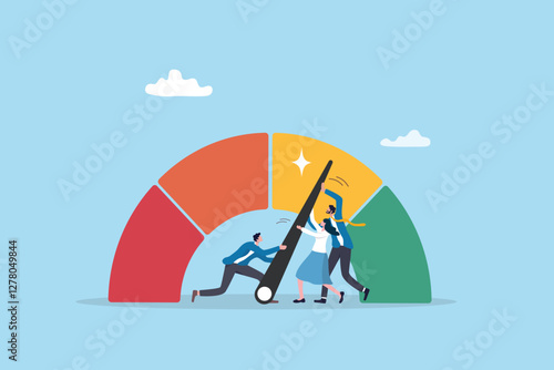 Performance rating, risk management or employee survey score, evaluation or grade assessment, employee engagement, credit score, productivity concept, business people help push measuring gauge scale.