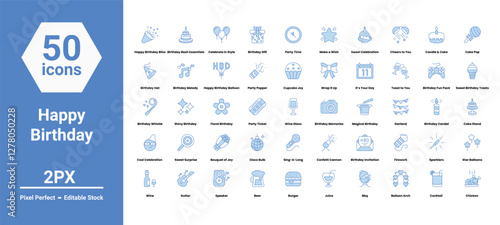 party icons set such as, 	balloon, birthday, bottle, bunting, cake, candles, caps, celebrating, celebration, champagne, christmas, cocktail, dessert, drink, fireworks, gift,  vector stock illustration
