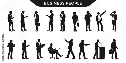 Collection of business people silhouettes in various professional poses, including talking, presenting, and working. Ideal for corporate, office, and business-related designs.