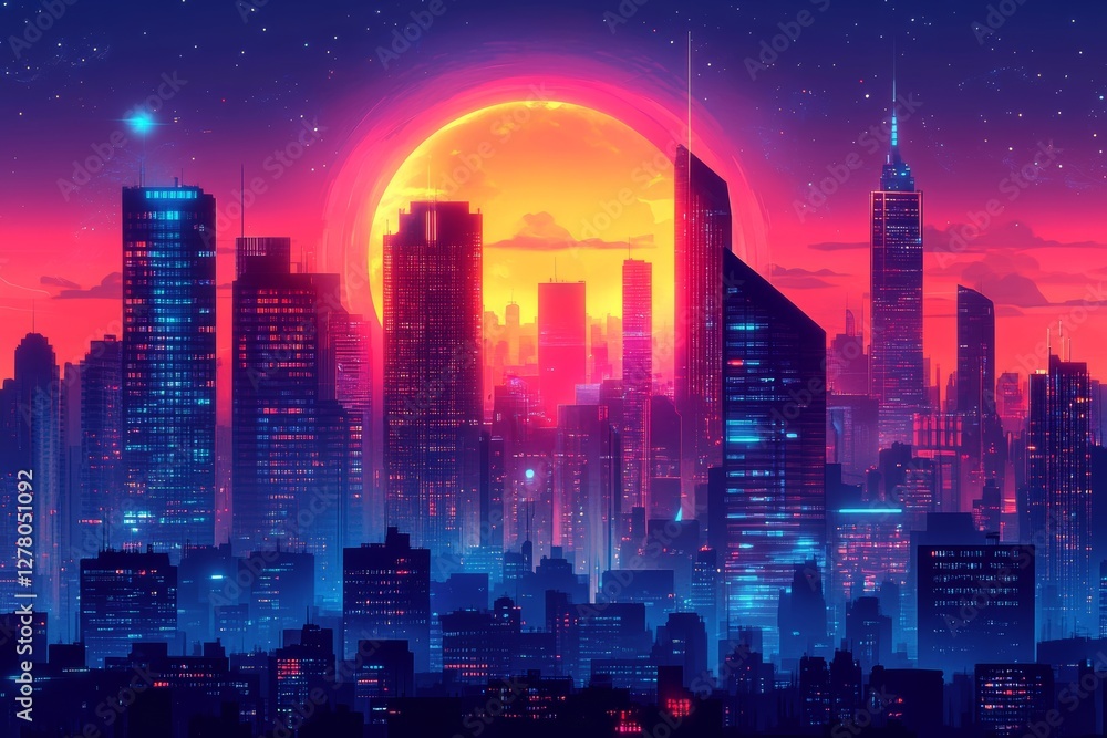 Fototapeta premium city skyline with a giant sun in the background.