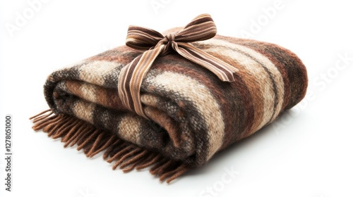 Folded Brown and Beige Plaid Woolen Throw Blanket with Bow