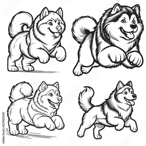 Detailed Cute Alaskan Malamute Cartoon Vector Silhouettes in Running Pose"