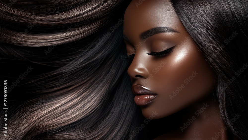Obraz premium A close-up portrait of a beautiful black woman with long shiny hair and make-up . Haircare, beauty and cosmetics concept.