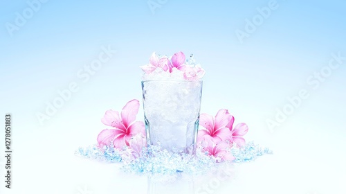 Icy Floral Refreshment with Pink Hibiscus and Blue Ice on Light Background