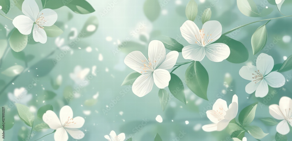 Spring background with pastel green and white flowers. Springtime banner template for design, text Spring in the center on the background. Spring background with pastel green and white flowers. Springtime banner template for design, text Spring in the center on the background.