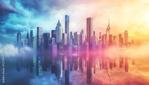Working in metaverse with City skyline