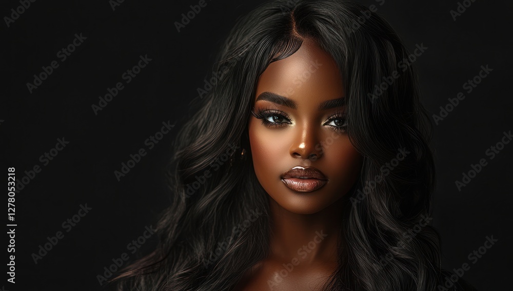 Fototapeta premium A close-up portrait of a beautiful black woman with long shiny hair and make-up . Haircare, beauty and cosmetics concept.