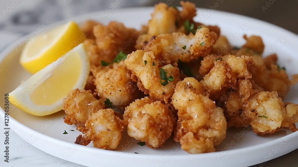 Golden-brown fried calamari with lemon wedges Golden-brown fried calamari with lemon wedges