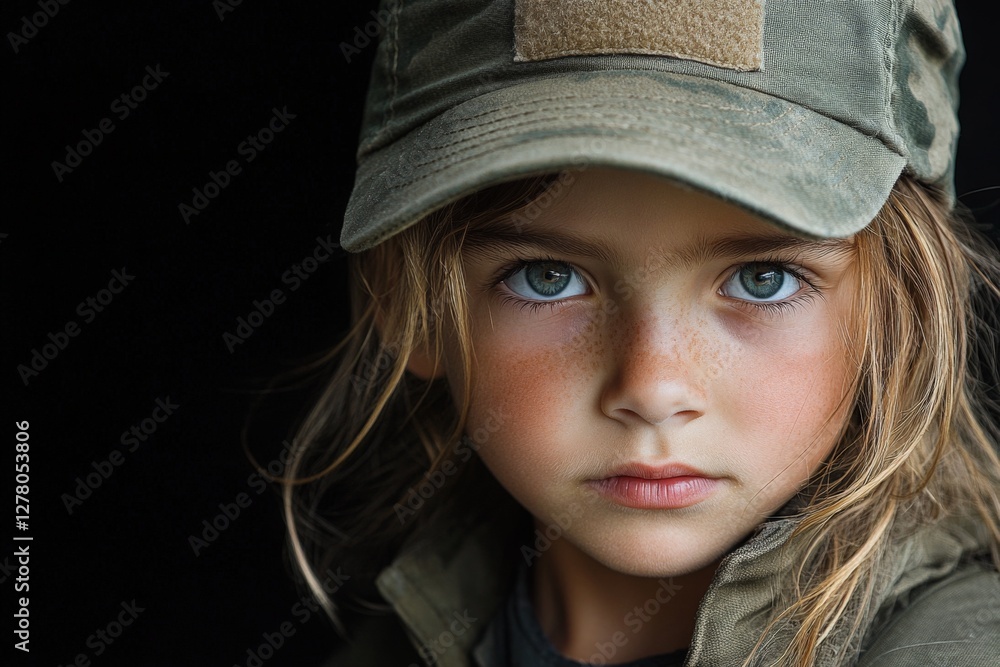 Intense gaze of a child wearing a military-style cap in a dimly lit environment Intense gaze of a child wearing a military-style cap in a dimly lit environment