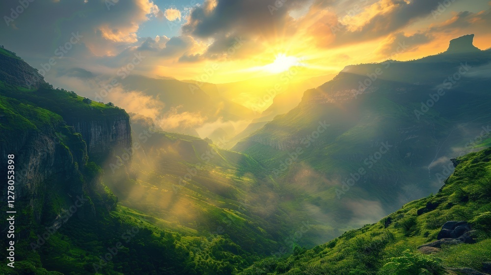 A breathtaking mountain landscape at sunrise, mist covering the valley, golden sun rays piercing through, lush greenery, detailed rock textures, epic wide-angle shot, vibrant and atmospheric, ultra-HD