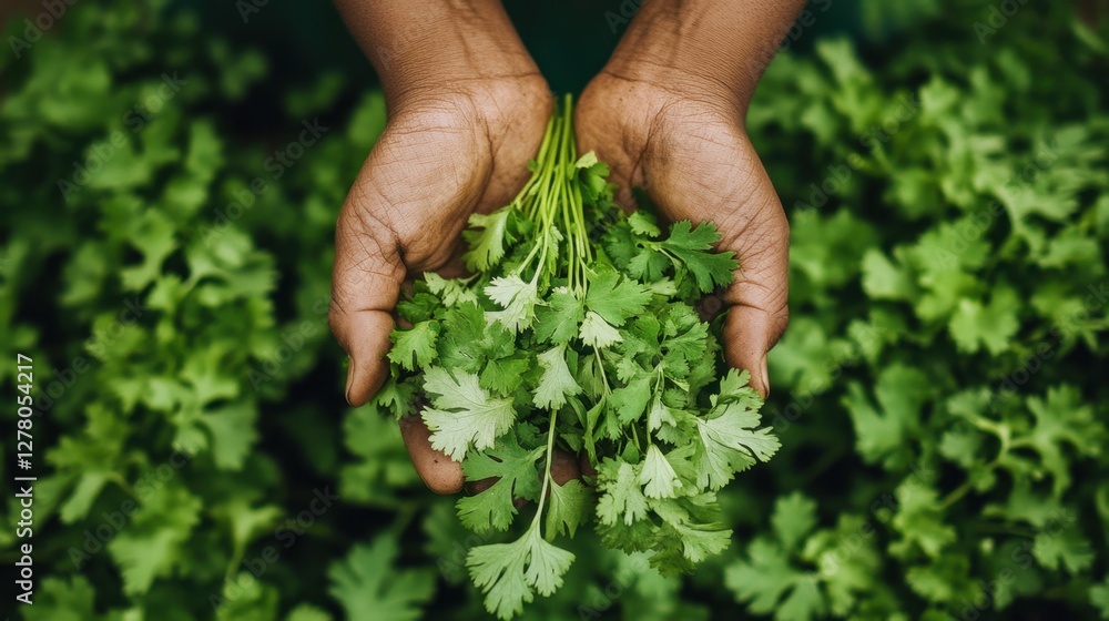 A Farmer's Hands Holding a Fresh Bunch of Organic Green Coriander A Farmer's Hands Holding a Fresh Bunch of Organic Green Coriander