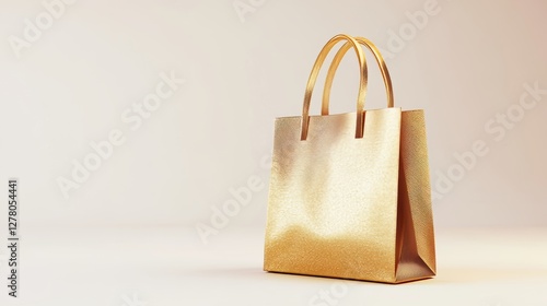 Elegant golden shopping bag placed against a white background in a high-quality 3D render