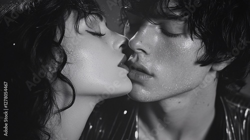 Lovers are passionately touching their lips in a romantic embrace