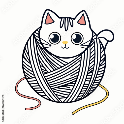 Adorable White Cat Tangled in Yarn Ball Playful Vector Illustration