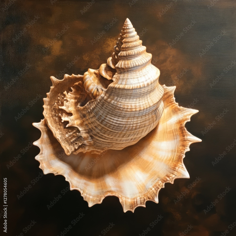 Obraz premium Spiral Symphony: A Detailed Study of a Seashell's Natural Geometry on a Dark Toned Canvas