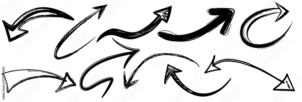 Collection of black scribbled arrows pointing in various directions, ideal for highlighting key elements or indicating motion Collection of black scribbled arrows pointing in various directions, ideal for highlighting key elements or indicating motion