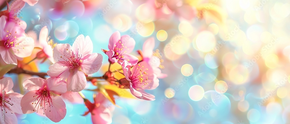 Pink cherry blossom flowers blooming in spring with Easter atmosphere, sunlit garden and vibrant blue, yellow, and white bokeh background Pink cherry blossom flowers blooming in spring with Easter atmosphere, sunlit garden and vibrant blue, yellow, and white bokeh background