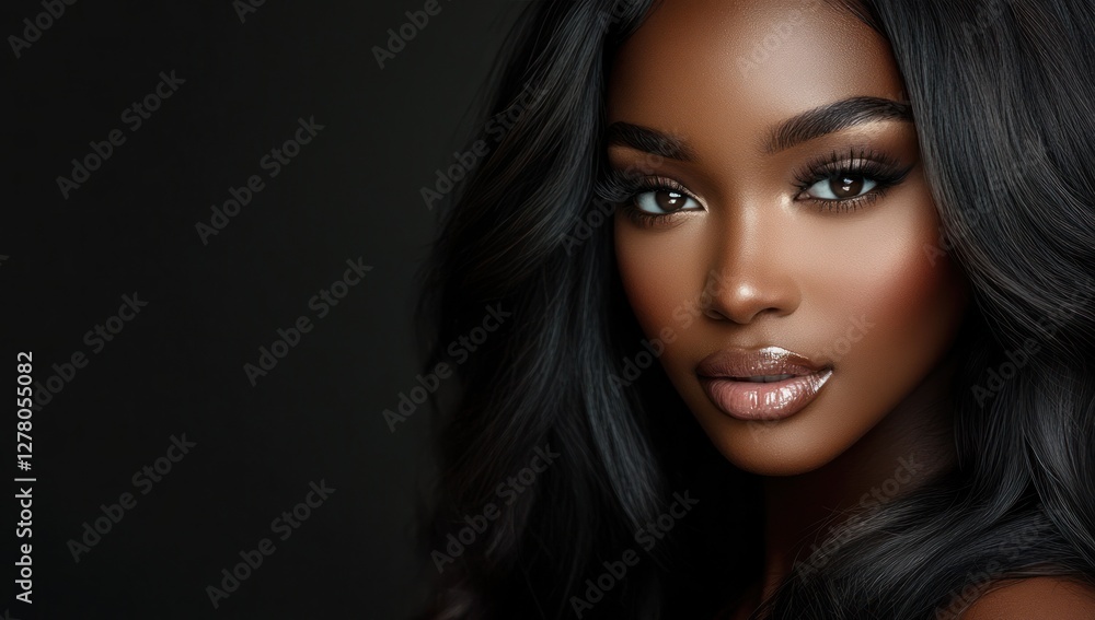 Fototapeta premium A close-up portrait of a beautiful black woman with long shiny hair and make-up . Haircare, beauty and cosmetics concept.
