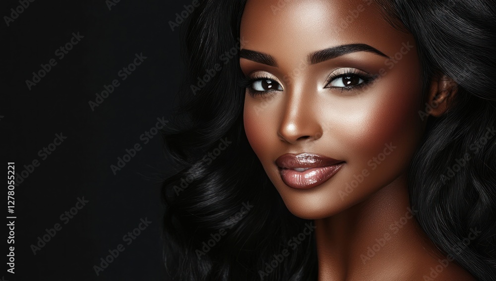 Fototapeta premium A close-up portrait of a beautiful black woman with long shiny hair and make-up . Haircare, beauty and cosmetics concept.