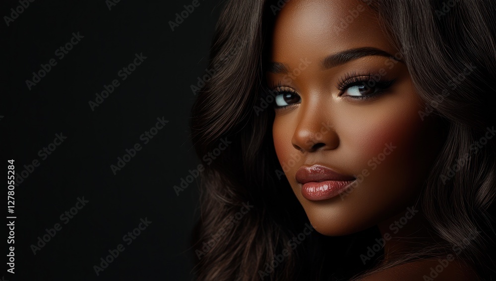 Fototapeta premium A close-up portrait of a beautiful black woman with long shiny hair and make-up . Haircare, beauty and cosmetics concept.
