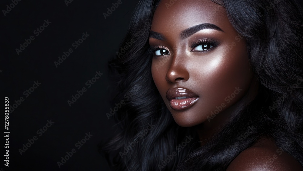 Fototapeta premium A close-up portrait of a beautiful black woman with long shiny hair and make-up . Haircare, beauty and cosmetics concept.