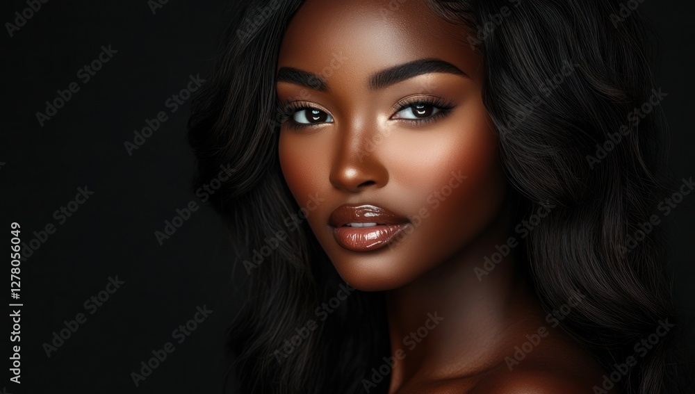 Fototapeta premium A close-up portrait of a beautiful black woman with long shiny hair and make-up . Haircare, beauty and cosmetics concept.