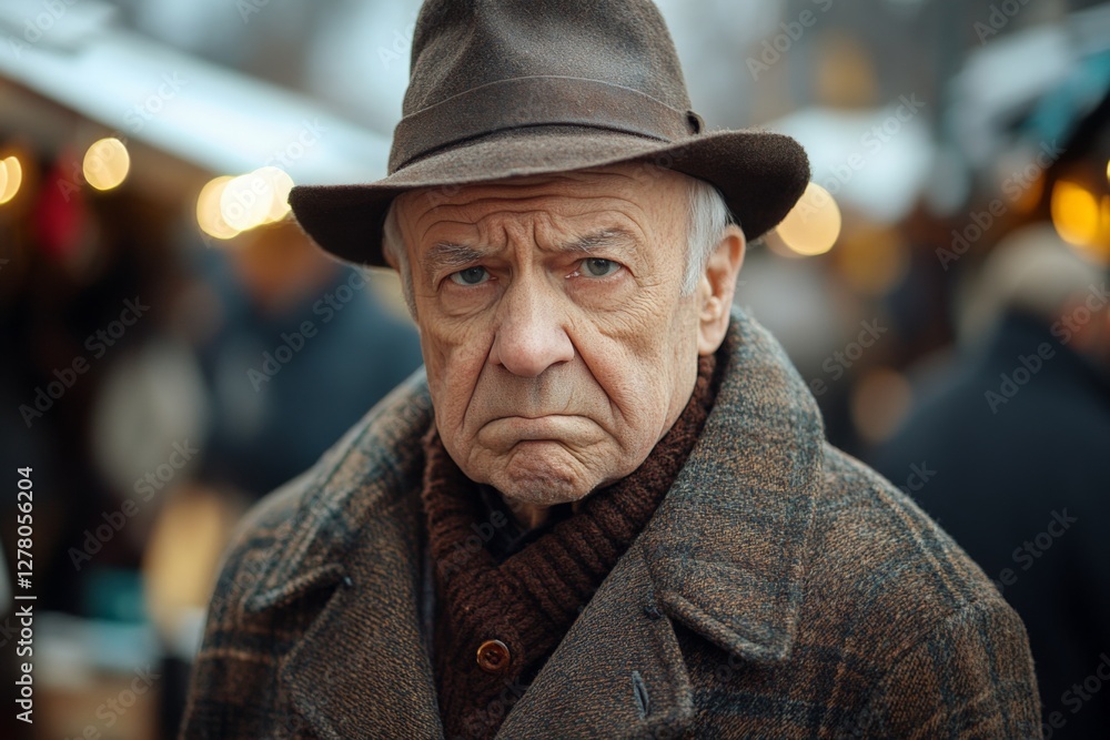 Senior man with a stern expression walks through a bustling market in winter Senior man with a stern expression walks through a bustling market in winter