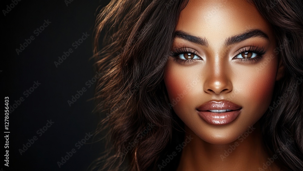 Fototapeta premium A close-up portrait of a beautiful black woman with long shiny hair and make-up . Haircare, beauty and cosmetics concept.