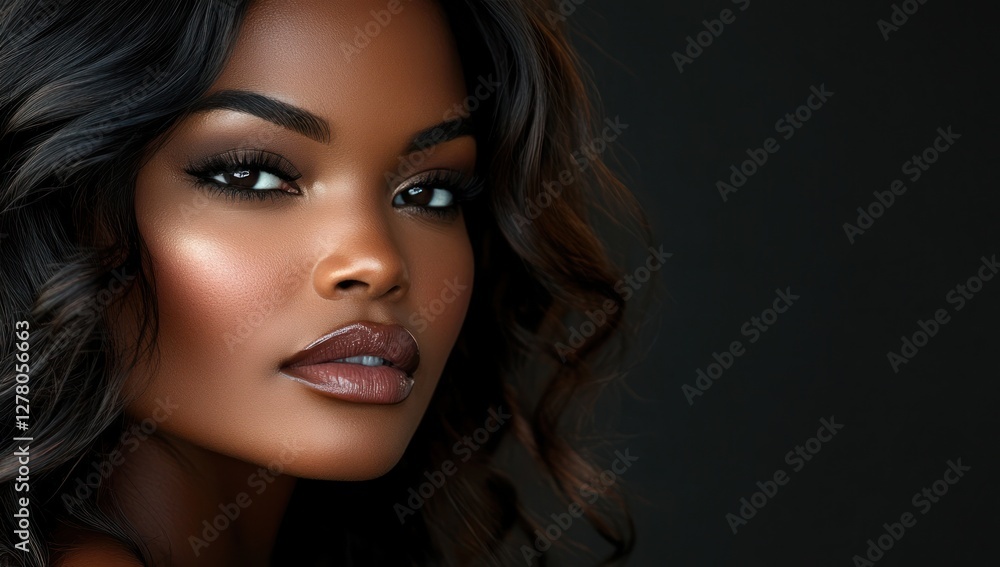 A close-up portrait of a beautiful black woman with long shiny hair and make-up . Haircare, beauty and cosmetics concept. A close-up portrait of a beautiful black woman with long shiny hair and make-up . Haircare, beauty and cosmetics concept.