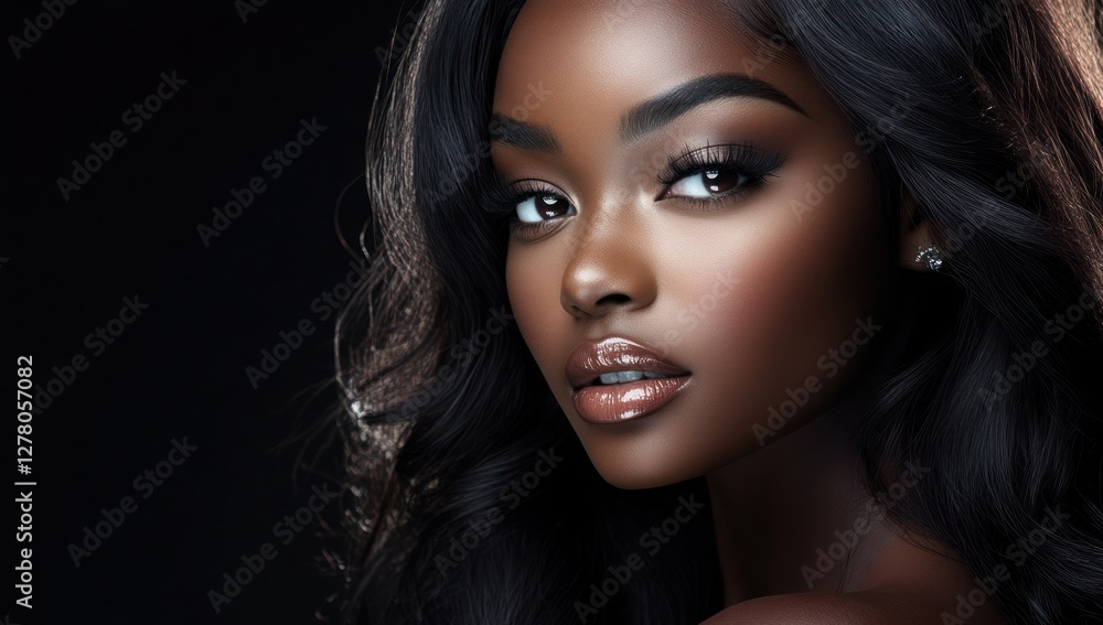 A close-up portrait of a beautiful black woman with long shiny hair and make-up . Haircare, beauty and cosmetics concept. A close-up portrait of a beautiful black woman with long shiny hair and make-up . Haircare, beauty and cosmetics concept.