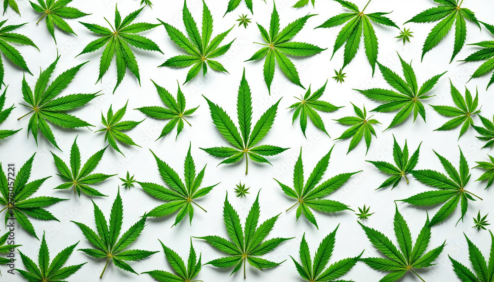 Fototapeta premium A symmetrical arrangement of vibrant marijuana leaves with intricate details, against a neutral background.