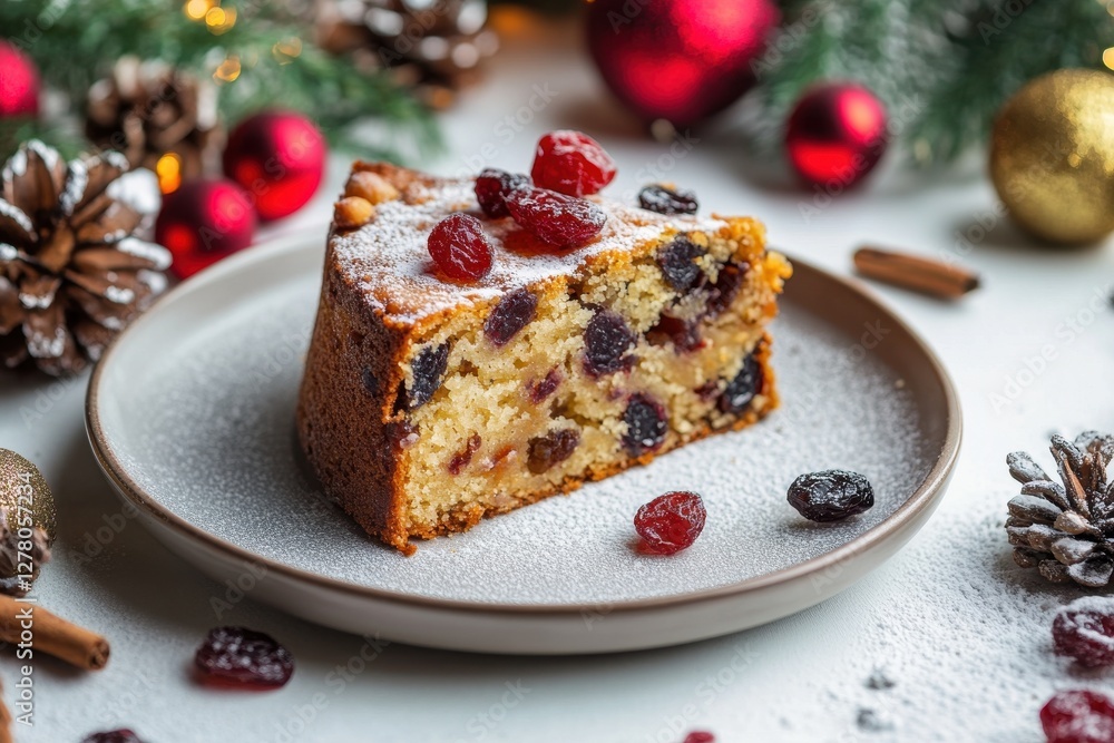 Delicious slice of moist fruit cake elegantly presented on a simple ceramic plate, perfect for any occasion. Delicious slice of moist fruit cake elegantly presented on a simple ceramic plate, perfect for any occasion.