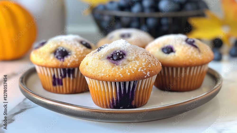Plate of freshly baked blueberry muffins. the muffins are golden brown and have a crumbly texture. they are topped with a generous amount of powdered sugar. Plate of freshly baked blueberry muffins. the muffins are golden brown and have a crumbly texture. they are topped with a generous amount of powdered sugar.