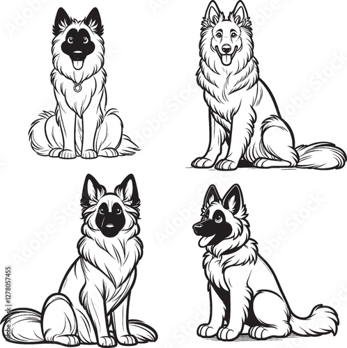 "Detailed Cute Belgian Shepherd Cartoon Vector Silhouettes in Sitting Pose"