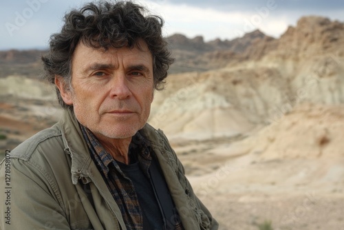 Man with curly hair gazes thoughtfully at the desert landscape during sunset