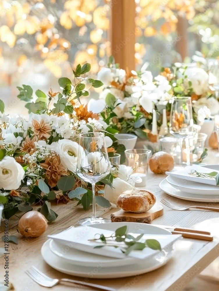 Elegant dinner setup with floral arrangements cozy home table setting bright environment inviting atmosphere Elegant dinner setup with floral arrangements cozy home table setting bright environment inviting atmosphere