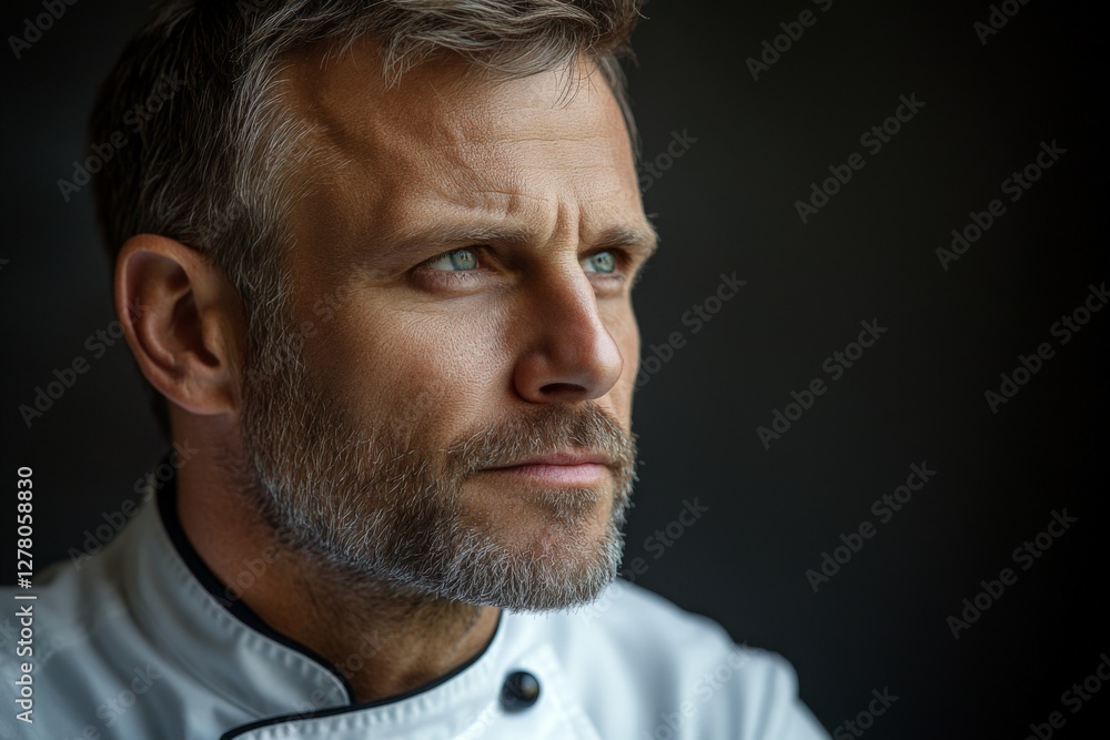 Obraz premium Chef in focus contemplating culinary innovations in a dimly lit kitchen with a serious expression